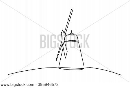 Continuous Line Drawing Of Vintage Windmill. Template For Your Design Works. Vector Illustration. Wi