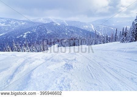 View Of Ski Resort Sheregesh From Utya Mountain. Snowdrifts And Snow-covered Trees In Fluffy Snow, S