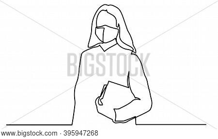 One Single Line Drawing Of Young Female Bisinessman Holding The File. Business Woman Concept Continu