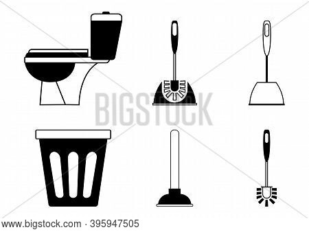 Toilet Icon. Restroom. Wc, Bathroom In Outline. Toilet Brush, Plunger And Trash Can. Plumbing Servic