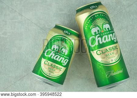 Bangkok, Thailand - November 22, 2020 : Cans Of Chang Beer, A Pale Lager Brewed By Thaibev. Package 