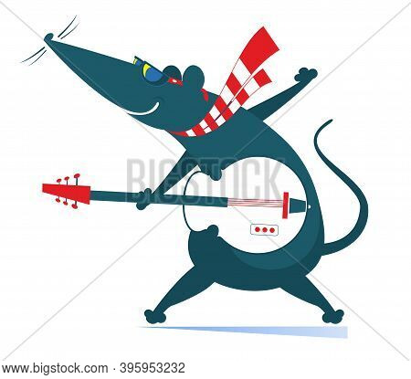 Cartoon Rat Or Mouse Plays Guitar Illustration. Rat Or Mouse Plays Guitar Isolated On White