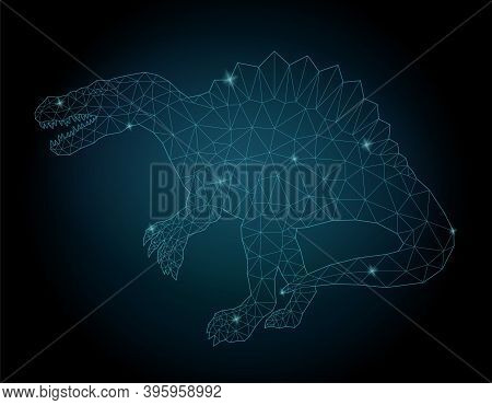 Beautiful Starry Low Poly Illustration With Shiny Blue Spinosaur Silhouette On The Dark Background