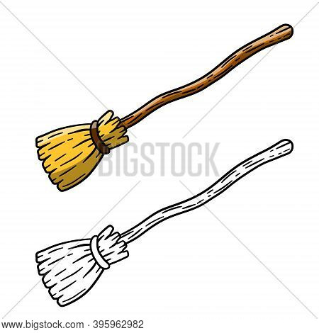 Broom. Set Of Sweeping And Old Wooden Mop In Wooden Handle. Element Of Witch. Cartoon And Doodle Ske