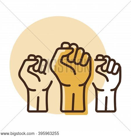 Three Clenched Fists Raised In Protest Vector Icon. Protest, Strength, Freedom, Revolution, Rebel, R