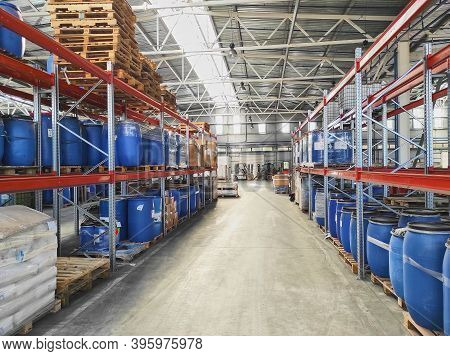 Large Modern Warehouse With Equipment And Shelves