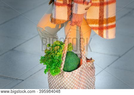 Woman With Eco Reusable Textile Grocery Bag With Vegetables. Healthy Plant Based Diet. Zero Waste, P