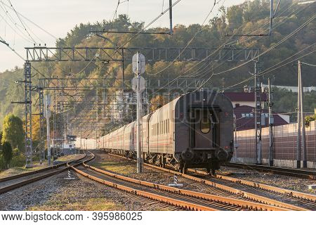Passenger Train Moves Through Dagomys Station. Sochi. Russia.