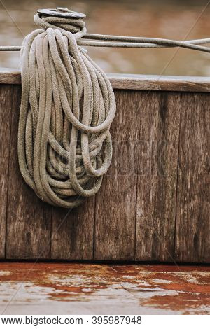Thick Brown Gray Rope Wound On The Ship