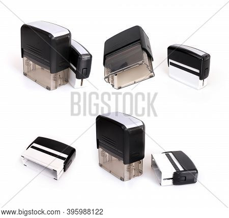 Black Plastic Automatic Stamps For Documents Isolated On White Background