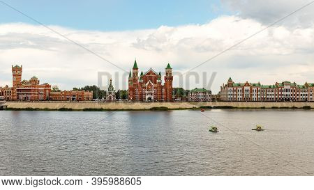 Yoshkar-ola, Mari El, Russia 30 July 2020: Arkhangelskaya Sloboda Quay Bruges Flemmish Houses, Boats