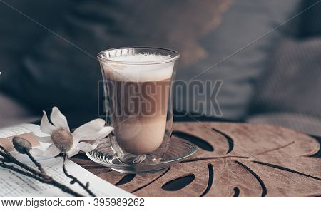 Coffee Cup On Wood Table. View From Above