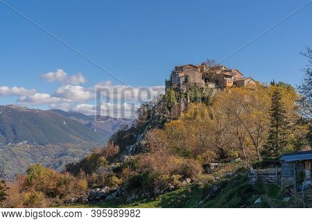 Mountain View Of Medieval Borgo Rocca Di Mezzo In Abruzzo, Italy