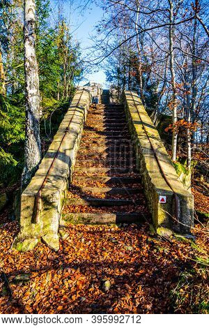 Old Stone Staircase On Terezinka. Sunny Autumn Day. Tanvald, Czech Republic