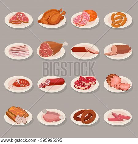 Set Of Meat Products On A Plate. Roast Chicken And Prime Rib, Sausage, Salami And Ham