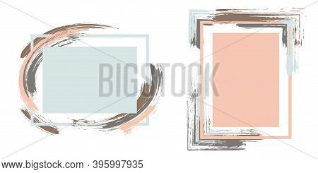 Stylish Frames With Paint Brush Strokes Vector Set. Box Borders With Painted Brushstrokes Background