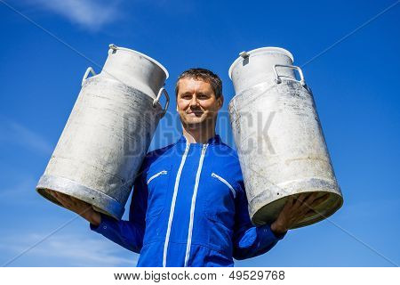 Farmer With Milk Containers