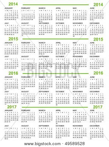 달력, 새로운 년 2014 년 2015 년 2016 년 2017와 그린 라인