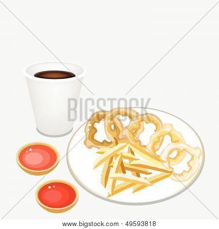 French Fries And Onion Ring With Disposable Coffee Cup