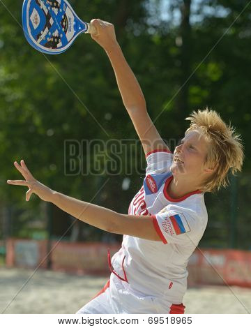 MOSCOW, RUSSIA - JULY 17, 2014: Daria Churakova of Russia on the training during the ITF Beach Tennis World Team Championship. Russia hosts the championship for the third time