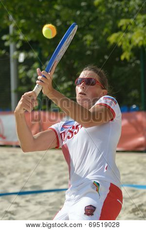 MOSCOW, RUSSIA - JULY 17, 2014: Lyudmila Nikoyan of Russia on the training during the ITF Beach Tennis World Team Championship. Russia hosts the championship for the third time