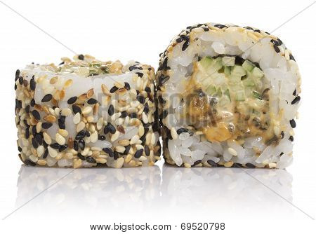 Sushi Roll With Sesame Isolated On White Background