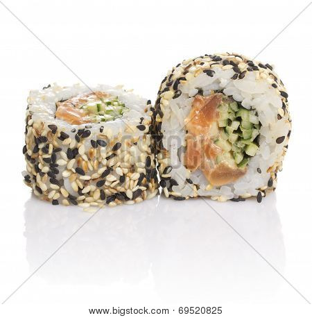 Sushi Roll With Sesame Isolated On White Background