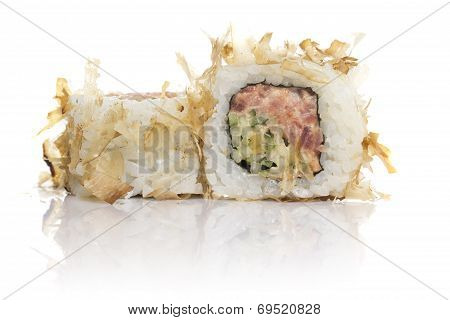 Sushi Roll With Tuna Shavings Isolated On White Background