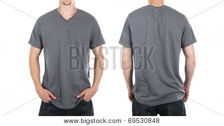 Young man wearing a gray v neck tee shirt, front and back view