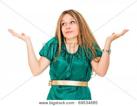 Clueless young woman against a white background