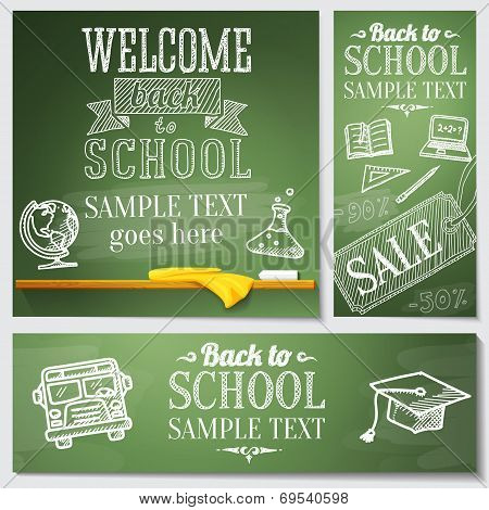 Welcome back to school messages on the chalkboard. Drawings - globe, notebook, book, graduation cap,