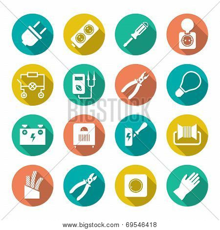 Set Round Flat Icons Of Electricity