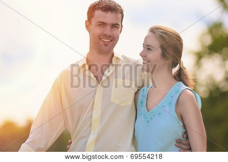 Happy Caucasian Couple Relationships. Sweethearts In The Park