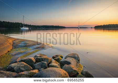 Tranquil Scene With Sailboats Moored For The Night