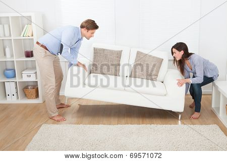 Happy Couple Placing Sofa In Living Room