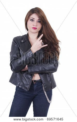Attractive hispanic red haired girl wearing leather jacket