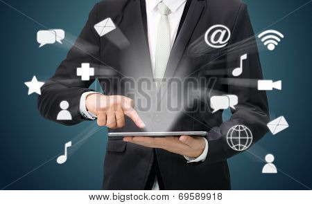 Businessman Hand Holding Tablet Cloud Connectivity