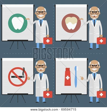 Old doctor stomatologist indicates on flipchart infographics