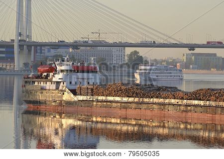 Cargo Ship And Cable-braced Bridge
