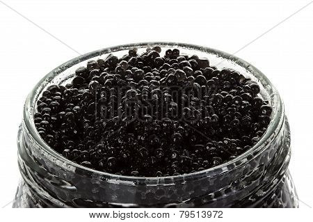 Caviar Black In A Glass Jar Isolated On White Background