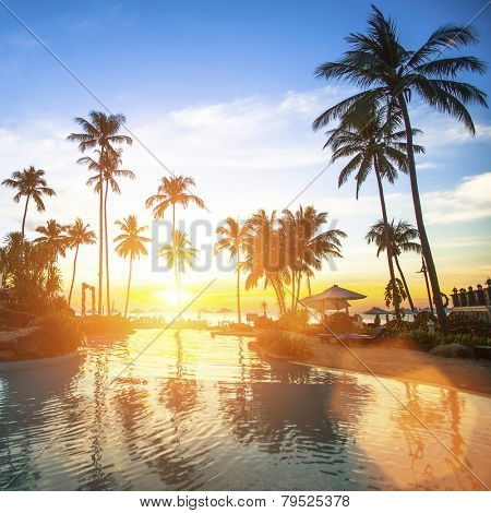 Amazing sunset on the tropical ocean beach.
