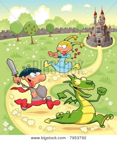 Dragon, prins og prinsesse med baggrunden.