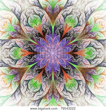 Beautiful Fractal Flower In Gray, Darkblue And Green. Computer Generated Graphics.