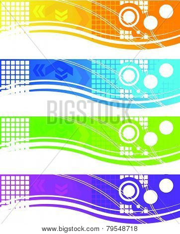 Multicolored banners with simple objects inside.