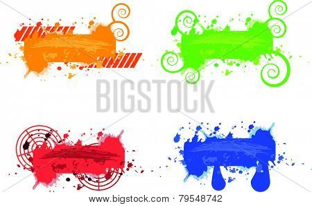 Grungy multicolored banners with swirls, water drops and abstract shapes.
