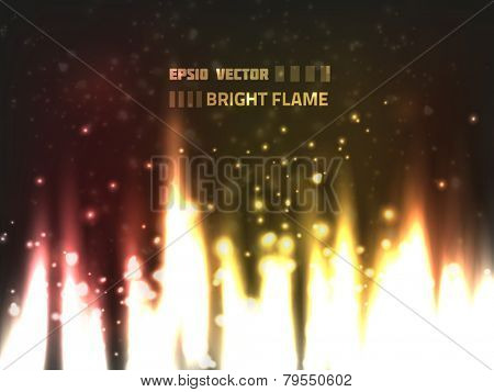 Abstract bright flame design with fire burning on dark background and blurry particles flying around
