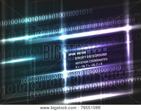 EPS10 vector 3D abstract binary design on dark background colored blue and violet. Composition has bright lights.