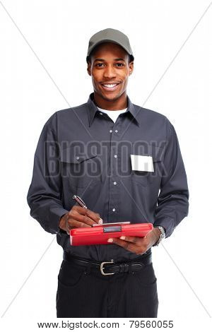 African-American postman isolated on white background