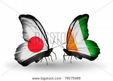 Two Butterflies With Flags On Wings As Symbol Of Relations Japan And Cote Divoire