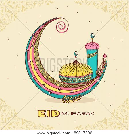 Colorful creative crescent moon with islamic mosque or masjid for muslim community festival, Eid Mubarak celebration.